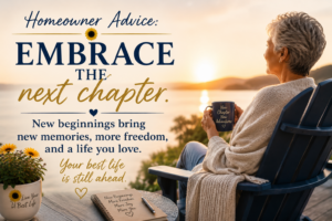 A mature woman sits peacefully overlooking a lake at sunset, reflecting on life's next chapter. The image includes the message, "Homeowner Advice: Embrace the Next Chapter." 