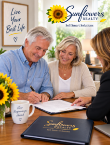 Mature couple signing home listing documents for a seller leaseback with Sunflowers Realty