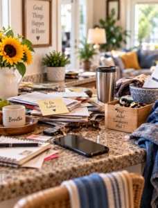 Cluttered kitchen counter with mail, keys, papers and everyday items creating mini messes in the home.